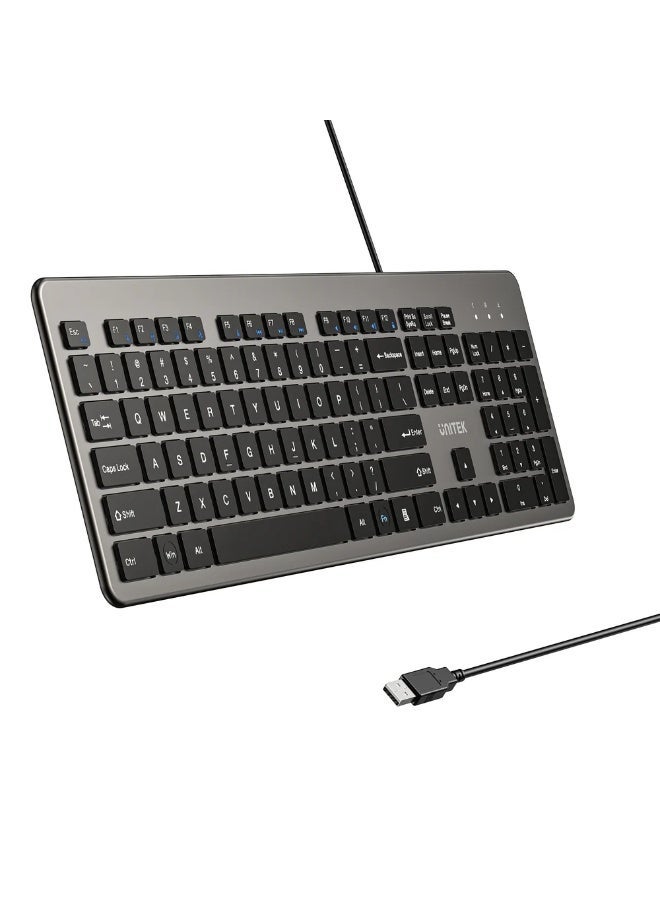UNITEK SlimTap Ultra Light Wired Keyboard – 104 Keys, Silent Scissor-Switch, USB-A, Ergonomic Top-Raising Design (English/Arabic) - Image 1